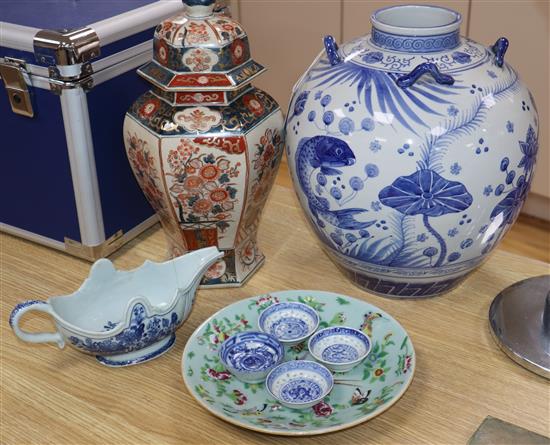 A Japanese blue and white jar, Imari vase and cover with a Cantonese dish and blue and white Chinese